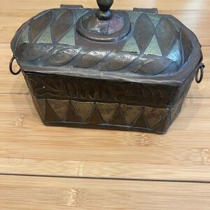Antique Indo-Persian Style  Copper Brass Spice Box With Finial 8" x 5 3/4"